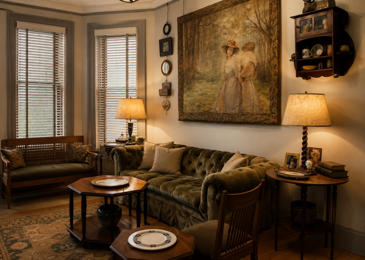 Antique-filled guest room and garden at The Baker House